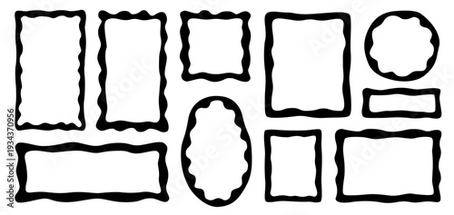 Abstract irregular organic set with black cute vector shape frame box. Hand drawn rough collage with wavy background. Text rectangle banner with figure graphic shape