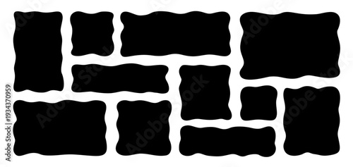 Rectangle irregular organic set with black cute vector shape frame box. Hand drawn rough collage with abstract wavy background. Text rectangle banner with figure graphic shape