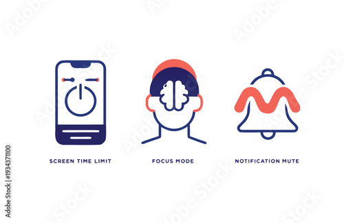Digital wellbeing for screen time limit focus mode and notification mute in a simple line style