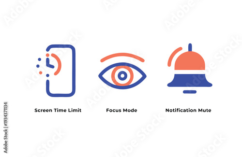 Digital wellbeing for screen time limit focus mode and notification mute with blue and coral color scheme