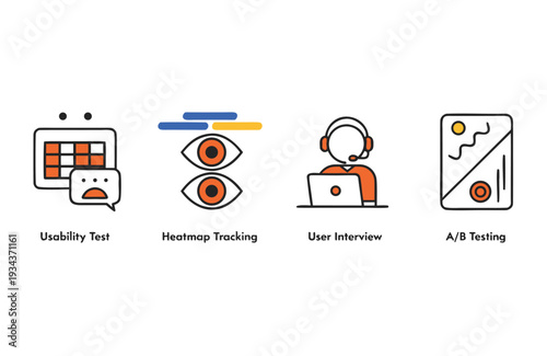 Four flat showcasing usability testing heatmap tracking user interviews and A/ B testing with orange and blue color accents