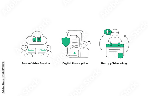 Three distinct illustrating secure sessions digital prescriptions and therapy scheduling with clean lines and green accents
