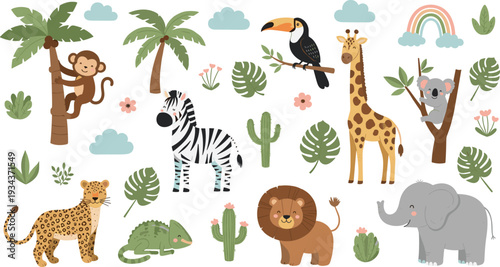 Colorful cartoon jungle animal illustration featuring monkey, zebra, toucan, giraffe, koala, cheetah, chameleon, lion, elephant, rainbow, and tropical plants for children’s education and decor.