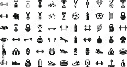 Sports and Fitness Silhouette Icon Set with Dumbbells Medals Football Bicycle Kettlebell and Athletic Equipment Flat Vector Collection.
