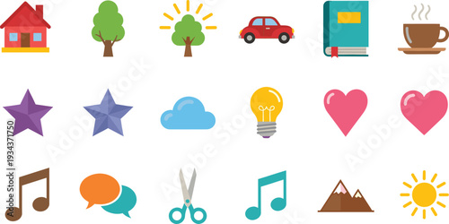 Colorful grid of everyday icons including house, tree, car, book, coffee cup, star, cloud, heart, music note, scissors, sun, and mountains illustration