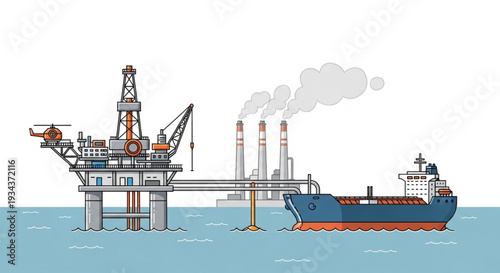 Offshore oil rig platform connected to tanker ship and industrial factory.