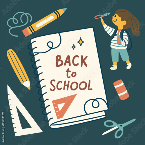 Joyful elementary student preparing for school surrounded by colorful education supplies and writing tools