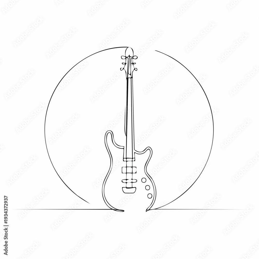 Fototapeta premium Continuous line drawing of an electric guitar with a circular background