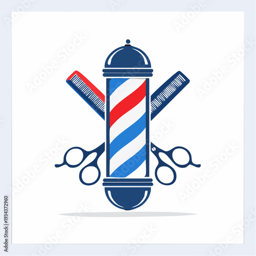 Classic barbershop emblem featuring traditional striped pole, sharp scissors, and comb, representing expert men's grooming services