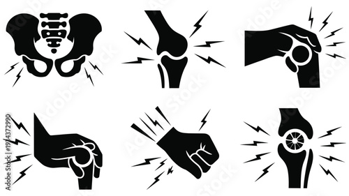 Human body painful joints anatomy, black and white detailed line art featuring highlighted skeletal pain points including spine, knees, hands and shoulders, healthcare and orthopedic diagnostic 
