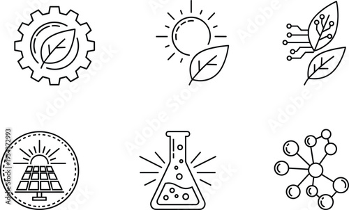 Eco-friendly technology and science line icons including gear with leaf, solar energy, bioengineering, solar panel, chemistry flask, and molecular structure, minimal black outline design illustration