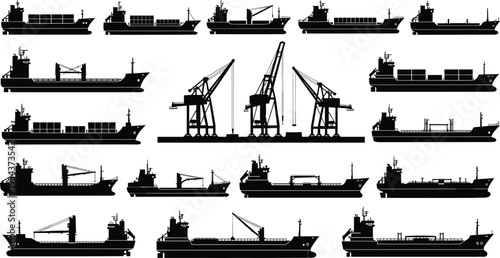 Cargo ship and port crane silhouette collection, container vessels and bulk carriers at seaport terminal, maritime freight transportation, global shipping logistics vector set isolated