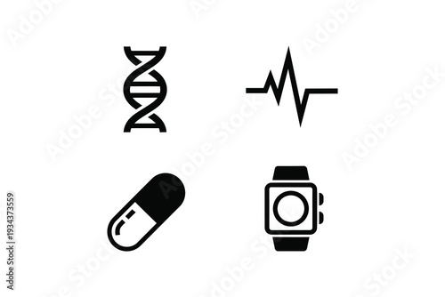 Black and white health and medical icon set - Monochrome dna heartbeat pill smartwatch icons