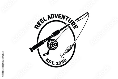 Black and white reel adventure fishing logo silhouette - Vintage est 1980 fishing rod and reel badge design