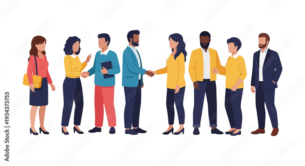 Fototapeta premium Diverse Business Professionals Shaking Hands, Collaborating & Networking - Teamwork Concept Vector Illustration
