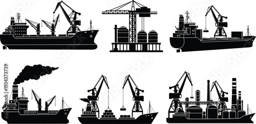 Cargo ships and port cranes collection, maritime freight transportation, industrial harbor logistics, container handling equipment silhouettes isolated on white background vector illustration set