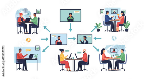 Global Virtual Team Collaboration Network: Online Meetings & Remote Work Concept