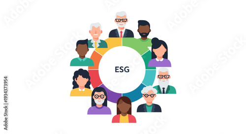 Diverse Global Team & Stakeholders Embracing ESG Principles: Environmental, Social, Governance Concept Illustration