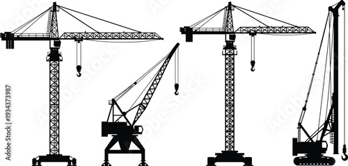 Construction crane silhouettes set, tower cranes and crawler crane machinery, heavy lifting equipment for building industry, industrial engineering vector illustration isolated