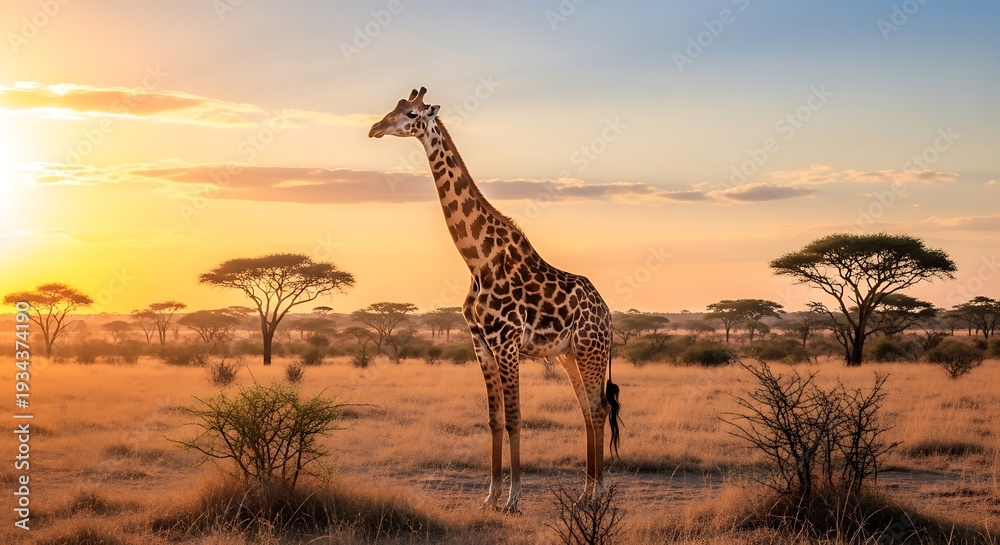 Obraz premium Tall Giraffe Standing in Savannah at Sunset