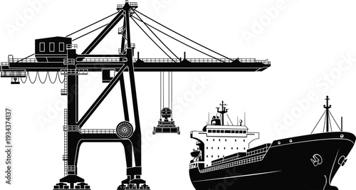 Container cargo ship and gantry crane at seaport terminal, maritime freight logistics transport industry, black and white vector silhouette illustration isolated design