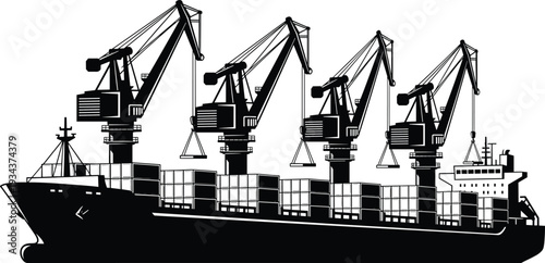 Container cargo ship with deck cranes silhouette, maritime freight transportation, seaport logistics operations, commercial shipping industry, global trade vector illustration isolated