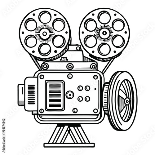 Classic cinema film projector icon vintage movie equipment line art illustration