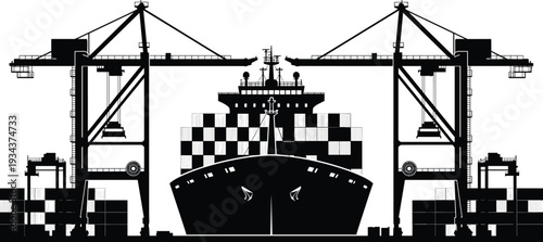 Container ship at port terminal with gantry cranes silhouette, maritime freight transportation, seaport cargo handling operations, global shipping logistics industry vector illustration isolated