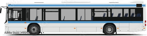 Long city transit bus with blue stripe runs along the side profile view.
