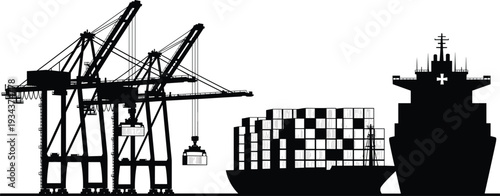 Container ship loading at port with gantry cranes silhouette, maritime freight transportation, seaport terminal logistics, global shipping industry, cargo handling vector illustration isolated