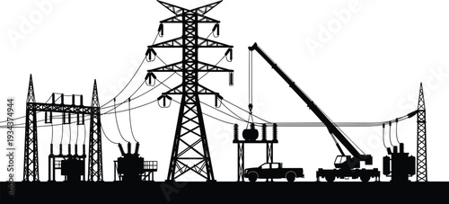Electrical power substation with transmission tower and maintenance crane truck, energy distribution infrastructure, black and white vector silhouette illustration isolated