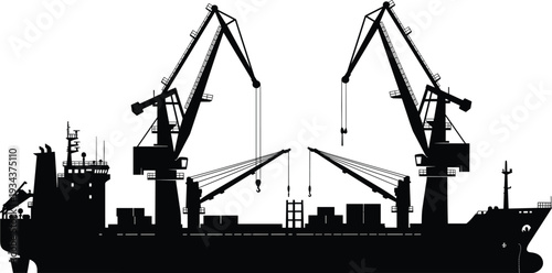 Heavy lift cargo ship with deck cranes, maritime freight transportation vessel, industrial shipping industry silhouette isolated on white background vector illustration