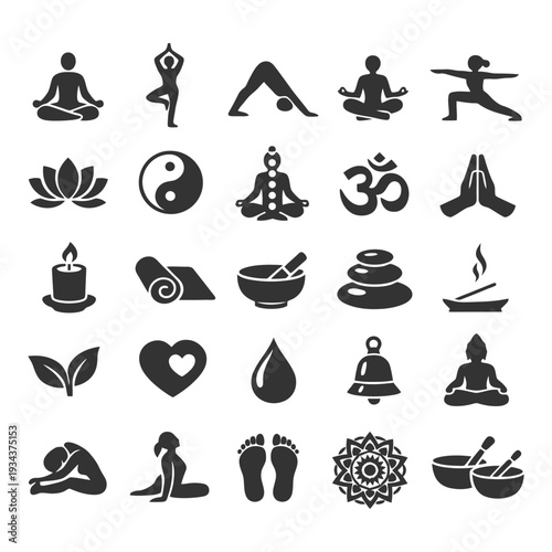Yoga and meditation icons collection: poses, symbols, and wellness elements.