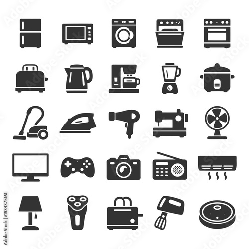 Collection of various household appliances and electronics icons in black and white.