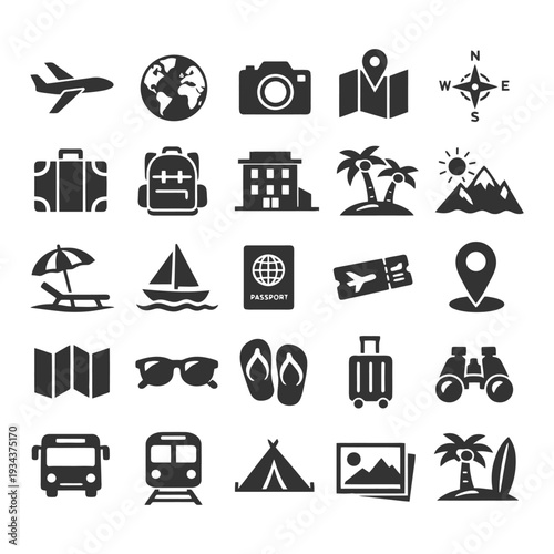 Travel icon set with airplane, map, camera, and palm trees.