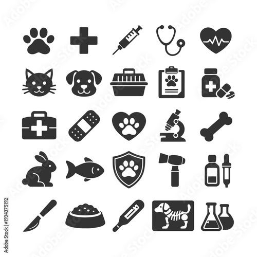 Assorted pet care icons: vet tools and animal health symbols.