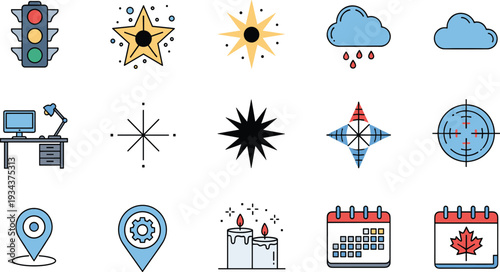 Navigation and Interface Icon Set with Traffic Light Star Cloud Rain Target Radar Calendar and Location Pin Flat Vector Collection.