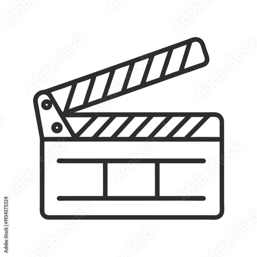 Simple line art icon of an open movie clapperboard for film and video editing projects