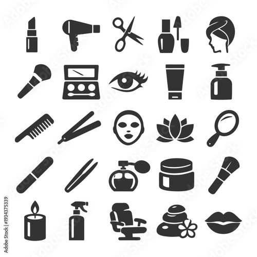 Beauty and salon icons: makeup, haircare, skincare essentials.