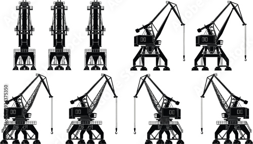 Industrial harbor crane collection set, dockside cargo lifting equipment silhouettes, heavy duty port machinery, maritime logistics infrastructure, construction loading cranes vector 