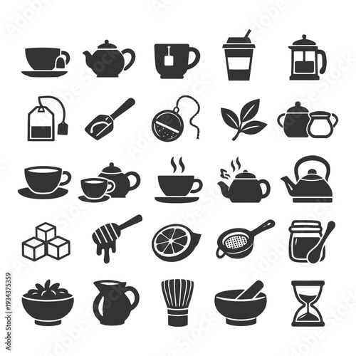 Tea icons collection: cups, kettles, leaves, and accessories.