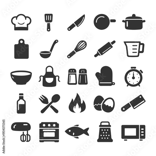 Vector collection of kitchen utensils and appliances icons.