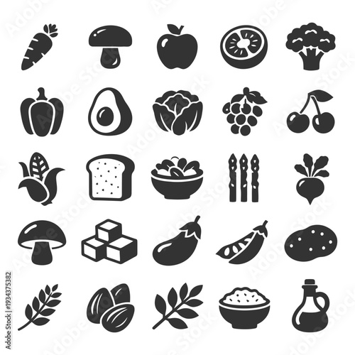 Variety of food icons featuring fruits vegetables and grains.