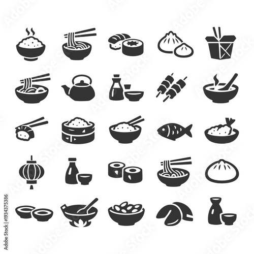 Icon set of asian cuisine: sushi, dumplings, noodles, teapot, soy sauce, fish, bowls.