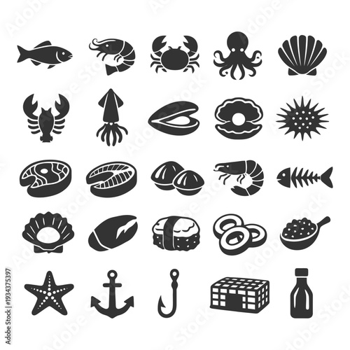 Seafood icons collection: fish, shellfish, sushi, nautical symbols set.
