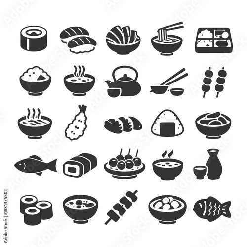 Variety of traditional japanese cuisine icons in black and white.