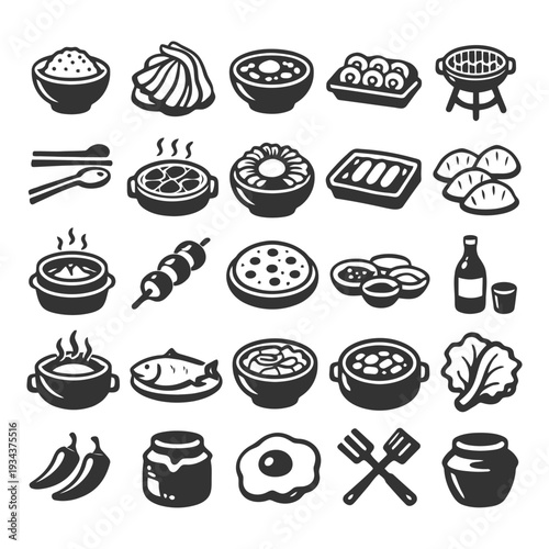 Variety of asian cuisine icons: rice, sushi, dumplings, and more.
