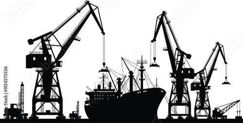 Industrial harbor cranes loading cargo ship silhouette, seaport terminal logistics, maritime freight transportation, heavy lift dockside operations, global shipping industry vector