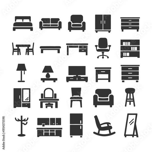 Collection of furniture icons: bed, sofa, table, chair, desk, lamp.