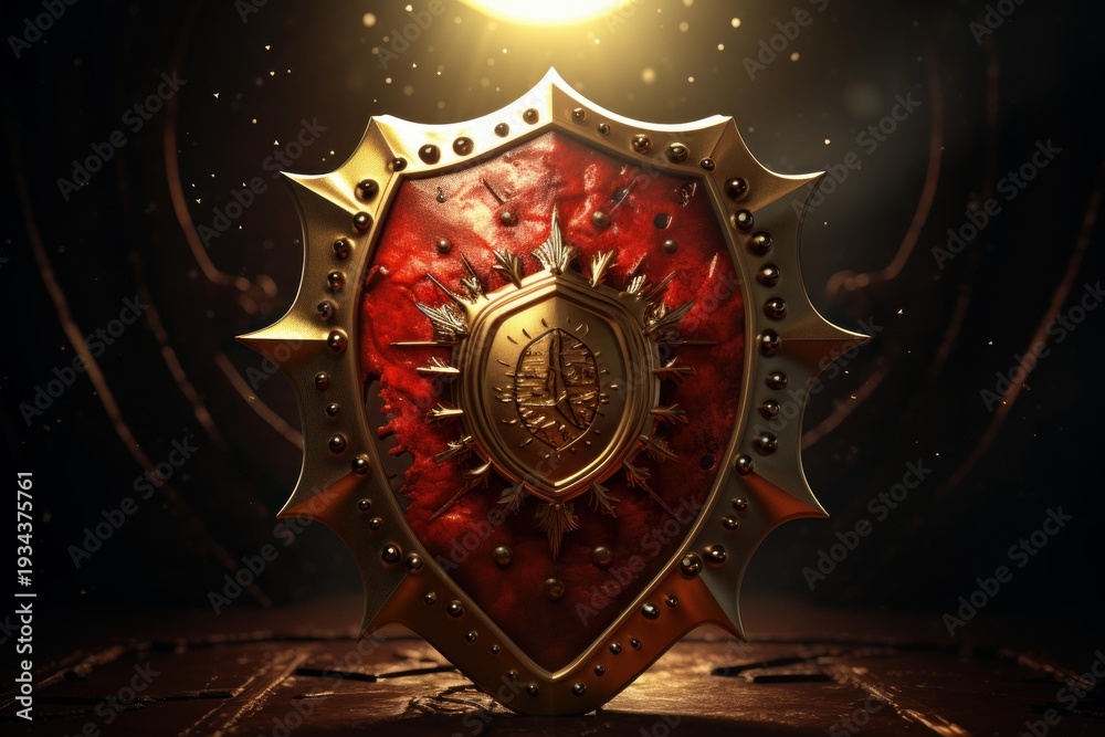 Fototapeta premium Ornate red and gold fantasy shield with a central emblem on a dark background